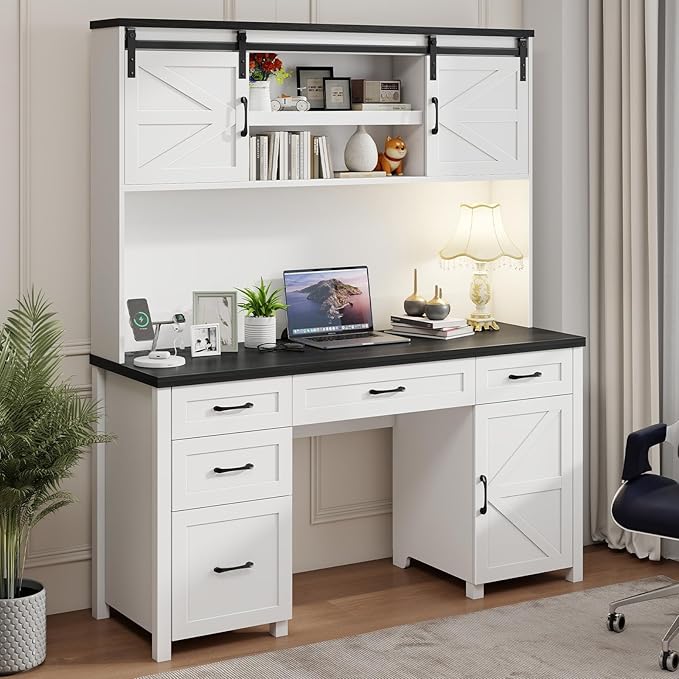 Farmhouse 67" H Executive Desk with Hutch,Office Table with 5 Drawers, Computer Desk with Storage Cabinet & File Drawers and Charging Station, Wood Workstation for Home Office and Study.(Black)