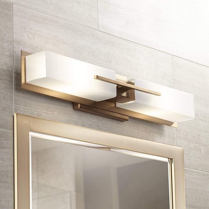 Possini Euro Design Midtown Modern Wall Light Burnished Brass Gold Metal Hardwired 23 1/2" 2-Light Fixture White Glass Shade for Bedroom Bedside Bathroom Vanity Living Room Hallway Dining House