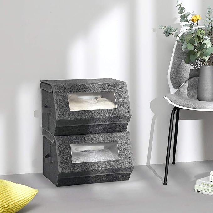 SONGMICS Stackable Storage Bins Set of 2, Storage Boxes with Lids and Front Windows, Non-Woven Fabric Closet Organizers with Magnetic Closures, Side Handles, Dark Gray URPLB02G