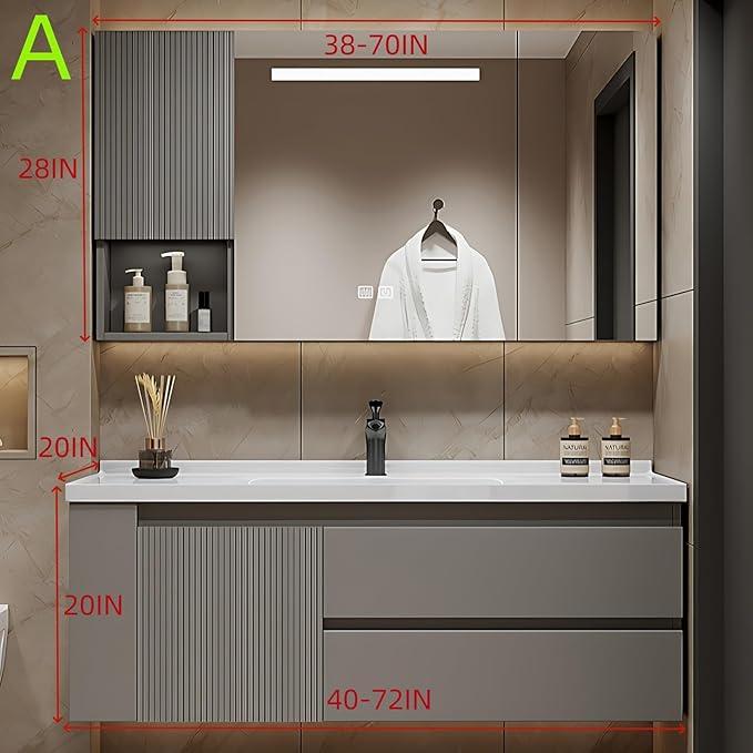 68IN Suspended Bathroom Cabinet Combo Set - Fully Functional LED Mirror with Smart Defogging & Time Display | Bathroom Vanity with Sink,Side Cabinet Storage Compartment (Style A)