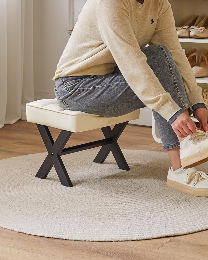 IBUYKE Small 12" H Footrest Stool, Square PU Foot Stool with Metal X-Leg, Multi-Use as Small Side Table, Step Stool for Living Room, Bedroom, Entryway, Office, White WBD012W
