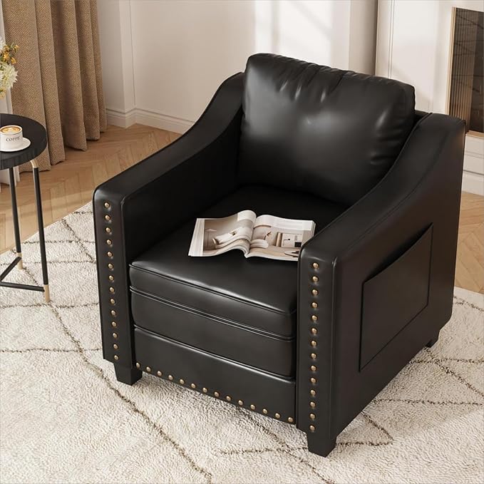 Faux Leather Accent Chair Set of 2 for Living Room, 30 Inches Barrel Upholstered Armchair, Cozy Mid Century Modern Club Arm Chair Single Sofa for Bedroom, Apartment, Reading Room, Black