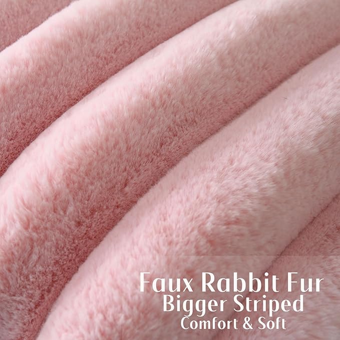 FUTEI Pink Decorative Throw Pillow Covers 20x20 Inch Set of 2, Square Soft Faux Rabbit Fur Thick Striped Cushion Cover,Winter Home Decor for Couch Bed Living Room