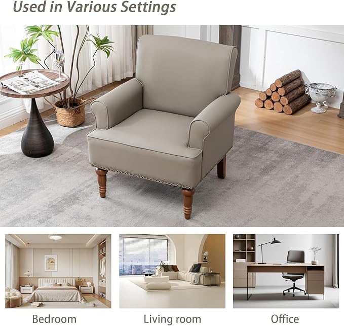 HOMEFLEX Accent Chair, Faux Leather Living Room Chairs with Nailhead Trim, Mid-Century Lounge Armchair with Solid Wood Legs, Comfy Reading Single Sofa for Bedroom, Waiting Room (Grey, 2 Chairs)