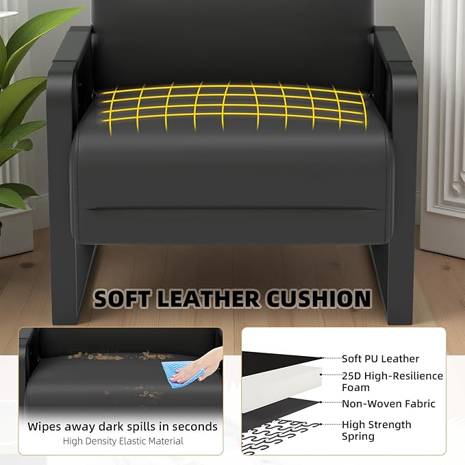Faux Leather Accent Chair with Flip Up Tray Table Soft Backrest Side Pocket for Living Room Office Bedroom Leather Accent Chair, Black