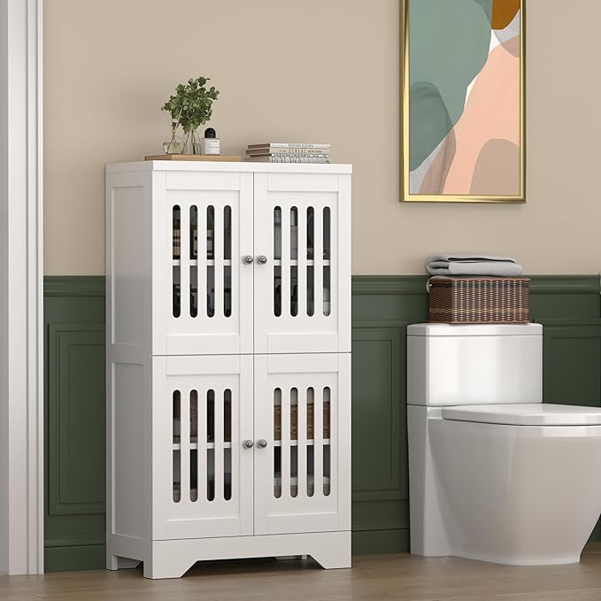 PARTPHONER Bathroom Floor Storage Cabinet with Cabinet Lights, Modern Storage Cabinet with 4 Doors and Adjustable Shelves, Buffer Hinges, White Pantry Cabinet for Living Room & Kitchen