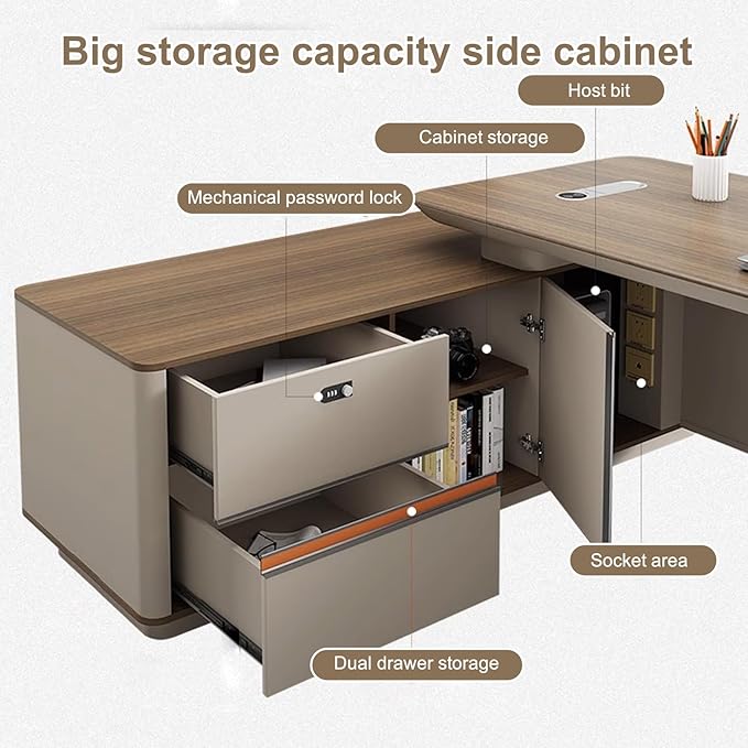 78IN L Shaped Executive Desk - Executive Office Desk with Side Cabinet & Grille Front Baffle & Embedded LED Strip & Mechanical Password Lock & Double-Layer Countertop & Gold Foot Pad