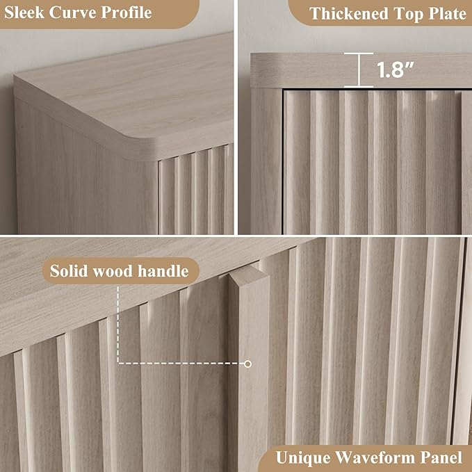 Fluted Buffet Cabinet with Storage, 120" Sideboard Buffet Cabinet with 8 Door-Modern Credenza Storage Cabinets with Adjustable Shelves, Solid Wood Handles for Kitchen, Living Room, White Alder(2PC)