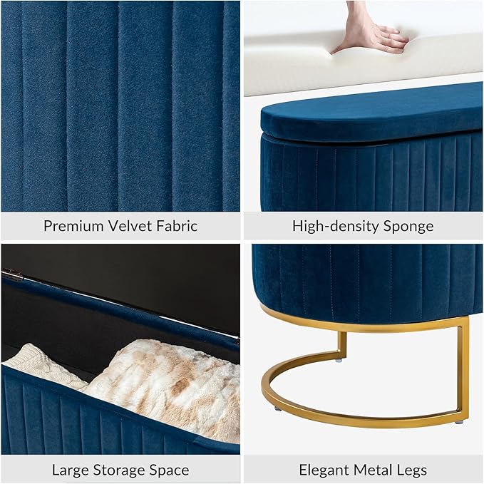 EcoHarbor Living 50" Velvet Storage Bench Hallway Ottoman,Upholstered End of Bed Bench with 2 Additional Ottomans Gold Legs,Flipping Lid Entryway Footrest