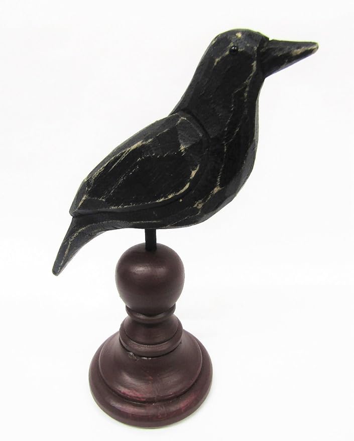 Primitives by Kathy Figurine - Weathered Rustic Crow On Spindle, Burgundy/Black