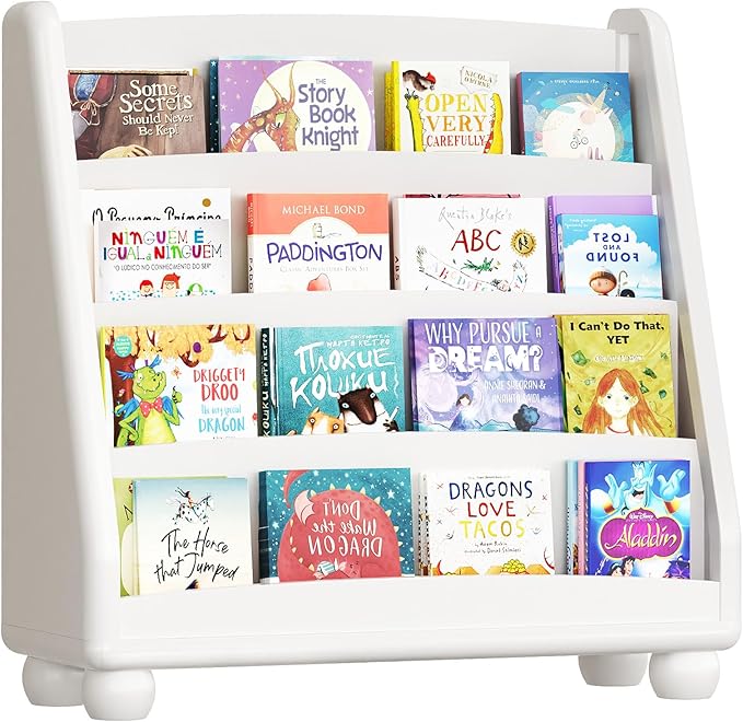 ONBRILL 4-Tier Kids Bookshelf, Montessori Shelf for Kids Rooms, Toddler Book Rack Organizer and Storage, Wooden Baby Bookshelf for Classrooms Nursery Playrooms