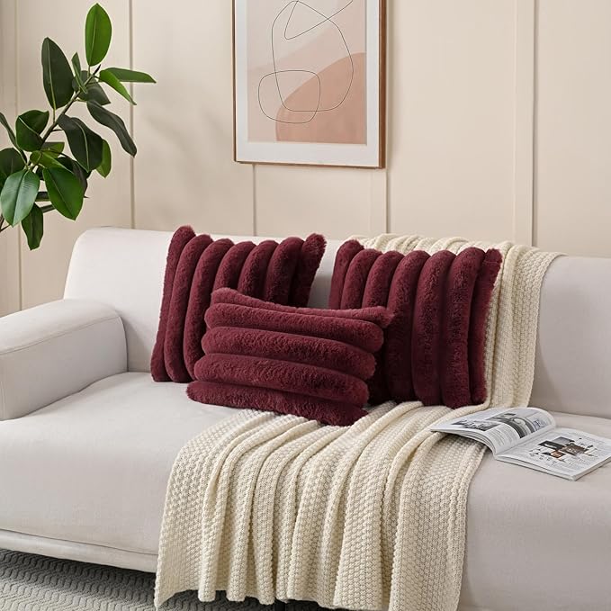FUTEI Christmas Burgundy Decorative Throw Pillow Covers 26x26 Inch Set of 2, Square Soft Faux Rabbit Fur Thick Striped Euro Pillow Shams,Winter Home Decor for Couch Bed Living Room