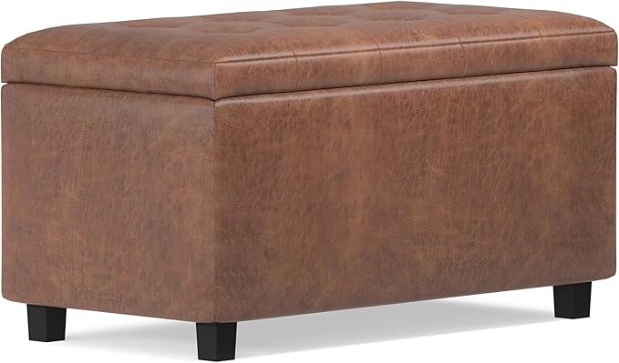 SIMPLIHOME Cosmopolitan Storage Ottoman - 34 inch Wide Upholstered Vegan Leather Rectangle Storage Ottoman Bench in Distressed Saddle Brown, Transitional Tufted Ottoman for Entryway with Lift-Up Lid