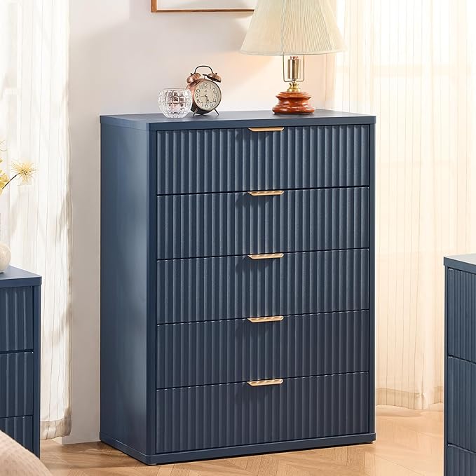 LEYAOYAO Fluted 5 Drawers Dresser for Bedroom, 41" Tall Modern Chest of Drawers with Metal Handle, Curved Profile Farmhouse Closet Organizer Wood Dressers TV Stand for Living Room, Hallway, Navy Blue