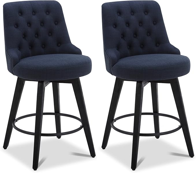 Watson & Whitely Modern Swivel Bar Stools, Performance Fabric Upholstered Counter Height Bar Stool with Back, Solid Wood Legs, 26" H Seat, Set of 2, Insignia Blue