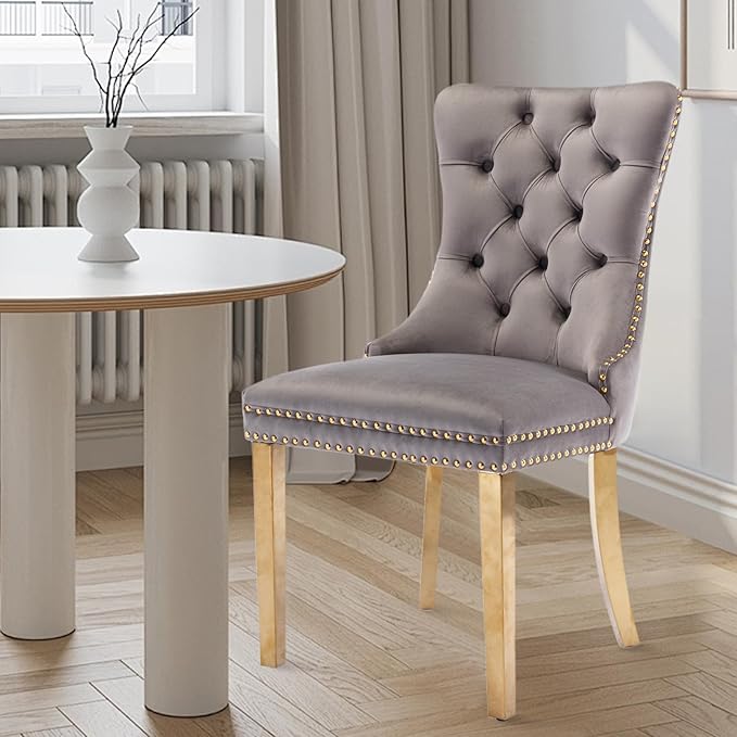 Velvet Upholstered Dining Chairs Set of 6, Modern Style Kitchen Side Chairs with Nailhead Trim and Gold Plated Leg, Metal Pulling Ring for Dining Room Living Room(Gery-Gold Plated Leg)