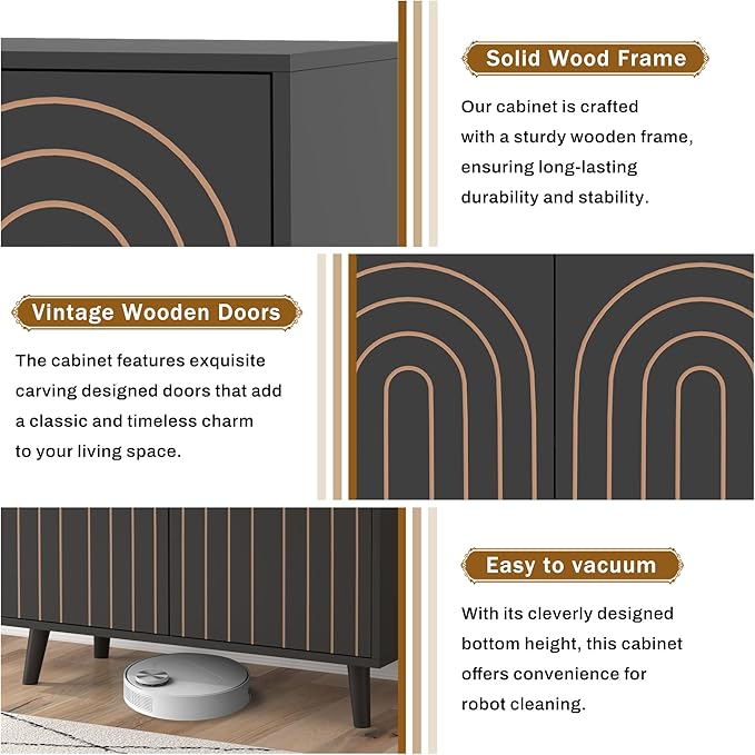 Accent Cabinet with Carving Lines, Modern Buffet Sideboard with Adjustable Shelves, Decorative Storage Cabinets for Bedroom Living Room Kitchen Office and Hallway (Black, 1)