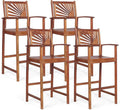COSTWAY Bar Stools Set of 4, Outdoor Acacia Wood Bar Chairs with Sunflower Backrest, Curved Armrests & Breathable Seat, Ideal for Balcony, Sunroom, Patio, Easy Assembly