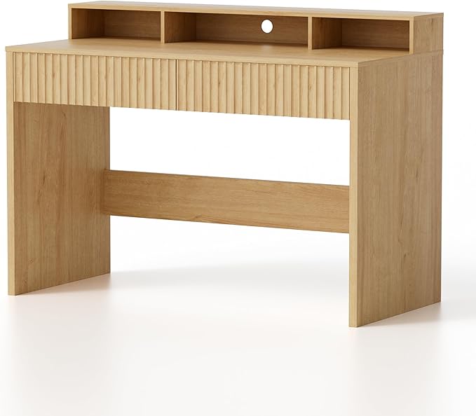 47" Fluted Office Desk with Storage Shelf, Modern Wood Executive Desk with Long Monitor Stand & 2 Drawers, Home Writing Study Computer Table Vanity Desk, Natural Oak
