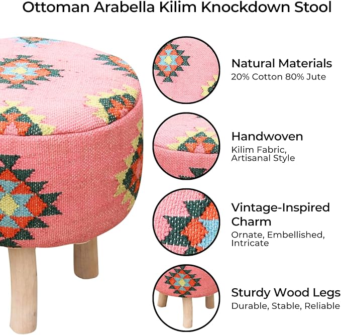Arabella Pink Kilim Pouf Ottoman – 16" Round Handwoven upholstered Foot Stool with Washable Cover – Accent Knockdown Stool for Bedroom, Living Room, cottagecore, Boho & Farmhouse Decor