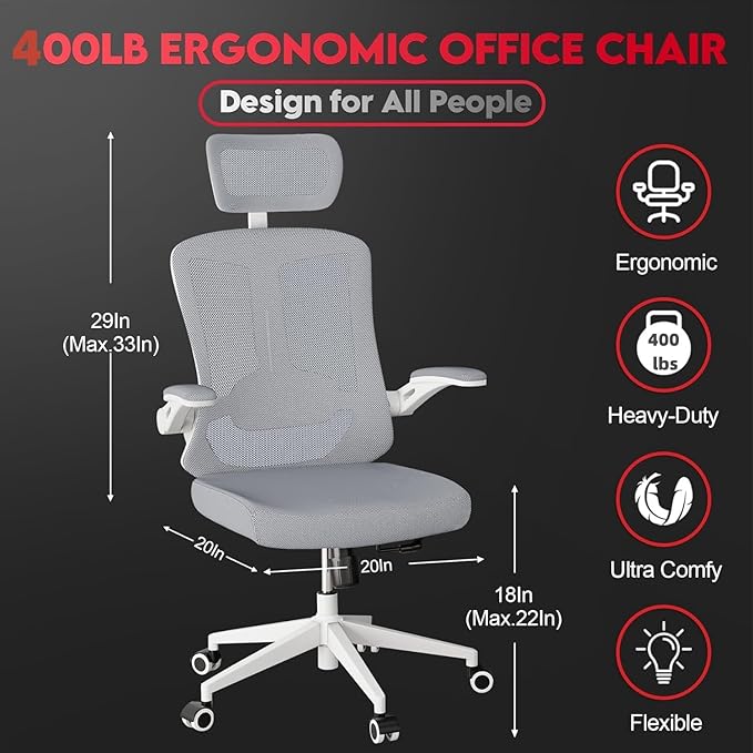Ergonomic Office Chair - 400LB Comfy Desk Chairs with Adjustable Headrest and Lumbar Back Support, Mesh Computer Chairs with Wheels and Arms for Home Office, Study, Bedroom and Dorm (04grey)