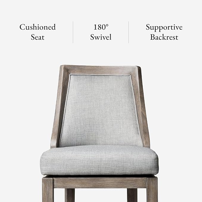 Maven Lane Vienna Counter Stools 26 Inches – Set of 2 – Swivel Stools with Footrests – Grey Solid Wood and Grey Fabric Upholstery – Ideal for Kitchen Islands and Counters