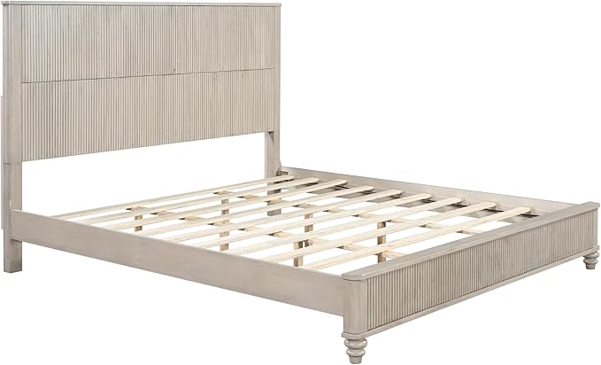 King Size Solid Wood Platform Bed Frame, Solid Wood Bed with 79.13" Headboard, Solid Wood Leg/No Box Spring Needed/Noise Free/Beige