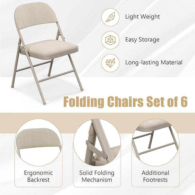 GOFLAME 6 Pack Folding Chairs, Fabric Dining Chair Set with Padded Seat & Metal Frame, Indoor Outdoor Upholstered Commercial Seat for Home Office Events Wedding Party, Beige