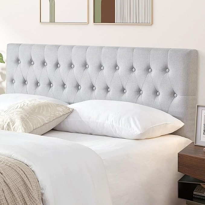 Kingfun Tufted Upholstered Full Size Bed Headboard in Modern Button Design, Adjustable Solid Wood Head Board, Premium Linen Fabric Padded Headboards in Bedroom (Grey)