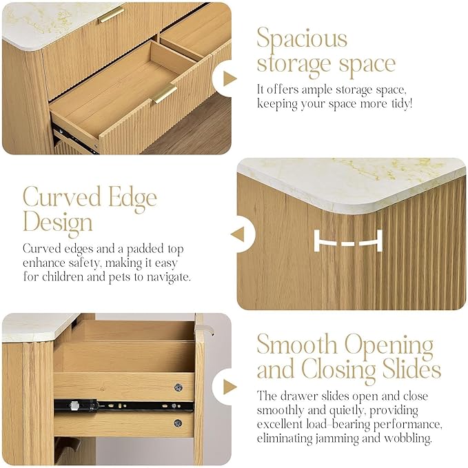 Fluted 6 Drawers Dresser with Charging Station, 55" Wide Modern Chest of Drawers with Faux Marble Top, Wooden Dresser TV Stand, Wood Drawer Organizer for Bedroom, Living Room, Hallway, Natural Oak