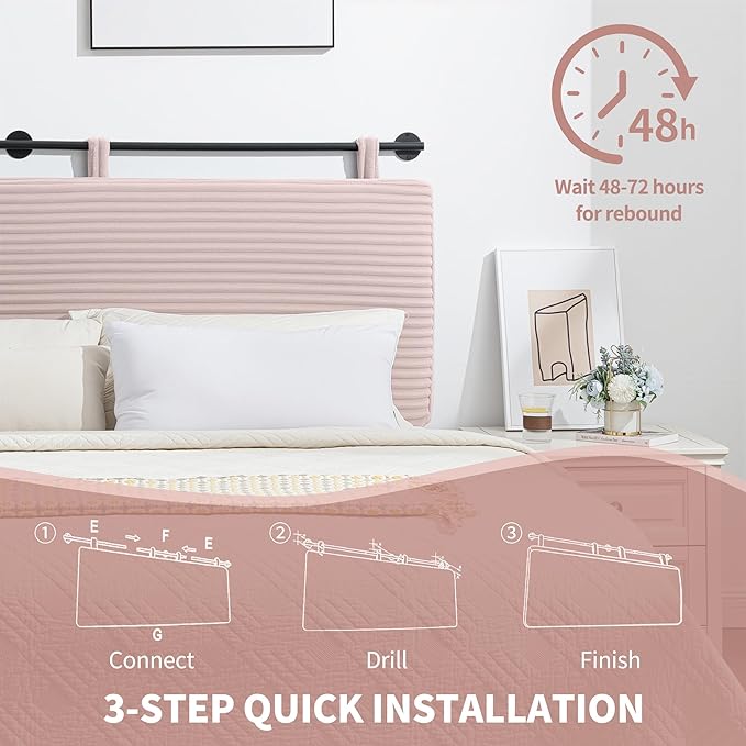 UEV Queen Headboard Only, Wall Mounted Hanging Upholstered Bed Head Board, Modern Vertical Channel Design of Fine Flannel, Elegant Pink Fluted Headboard for Bedroom (Pink, Queen Size)