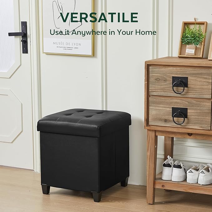 17.7" Ottoman with Storage, Square Storage Ottoman for Dorm, Faux Leather Ottomans with Legs for Living Room, Bedroom, Black