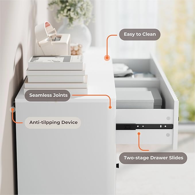RECCI Fluted 6 Drawers Dresser for Bedroom, 54" Wide Chest of Drawers with 3D Fluted Panel, Faux Marble Top, Solid Wooden Legs, Storage Drawers, TV Stand, Closet Chests for Bedroom, White