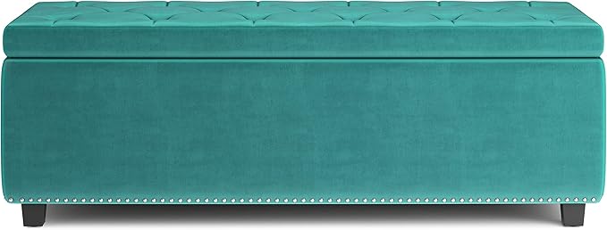 SIMPLIHOME Hamilton 48 inch Wide Traditional Rectangle Storage Ottoman in Aqua Blue Velvet Fabric, Assembled for the Living Room, Entryway and Family Room