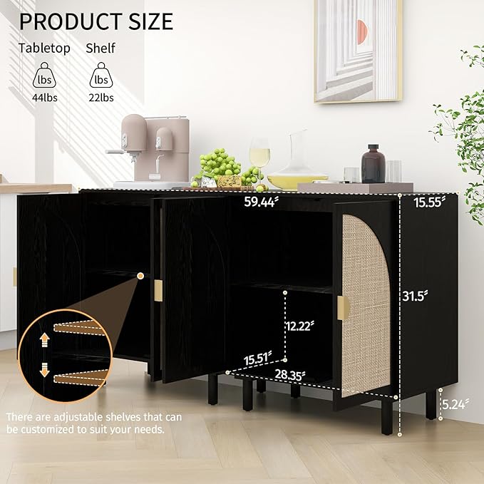 Black Rattan Cabinet-2-Doors,Sideboard Buffet Cabinet with Storage-Accent Storage Cabinet with Cane Door, Boho Wood Credenza for Living Room, Kitchen (Black Set 2)