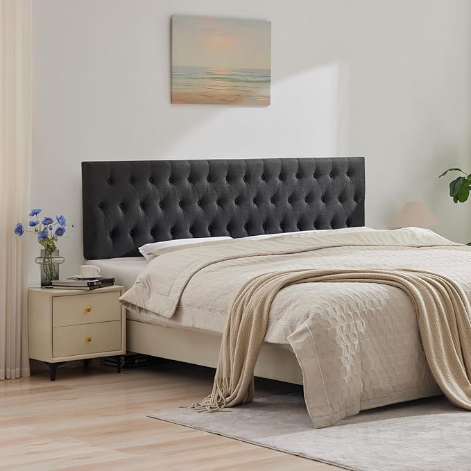 Kingfun Tufted Upholstered Queen Size Bed Headboard in Modern Button Design, Adjustable Solid Wood Head Board, Premium Linen Fabric Padded Headboards in Bedroom (Dark Grey)