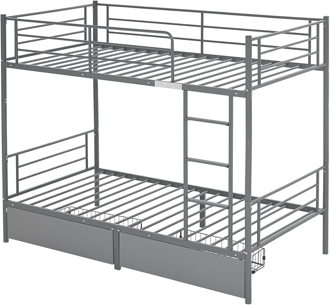 Karl home Grey Bunk Bed Twin Over Twin with 2 Storage Drawers, Metal Bunk Bed with Built-in Ladder and Safety Guardrail, Space-Saving Twin Bunk Beds for Kids, Teens & Adults, No Box Spring Needed