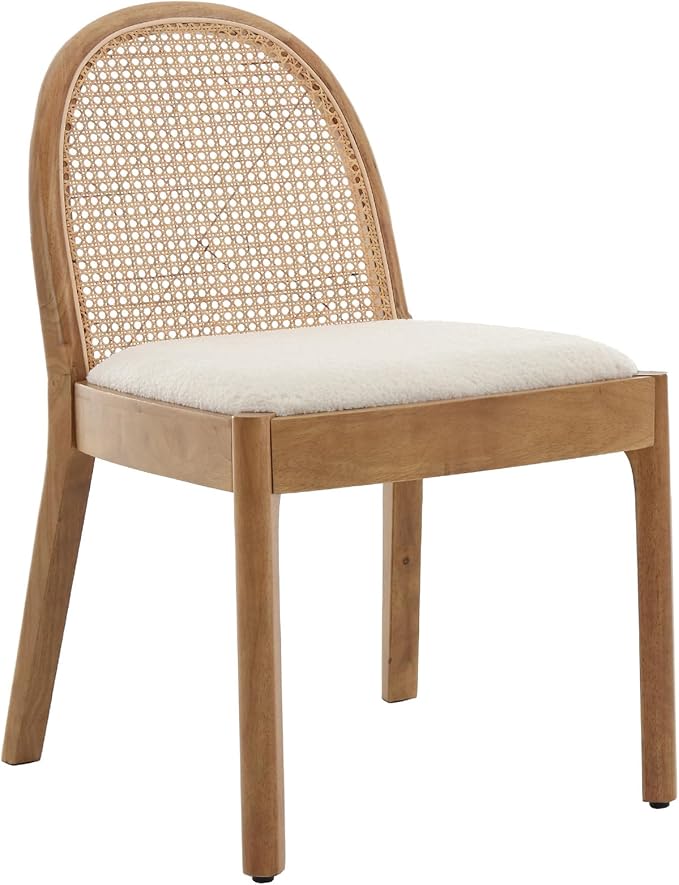 Rattan Dining Chairs Set of 6, Modern Dining Room Chairs with Cane Back Comfy Accent Sherpa Upholstered Boucle for Kitchen/Restaurant/Living Room, White