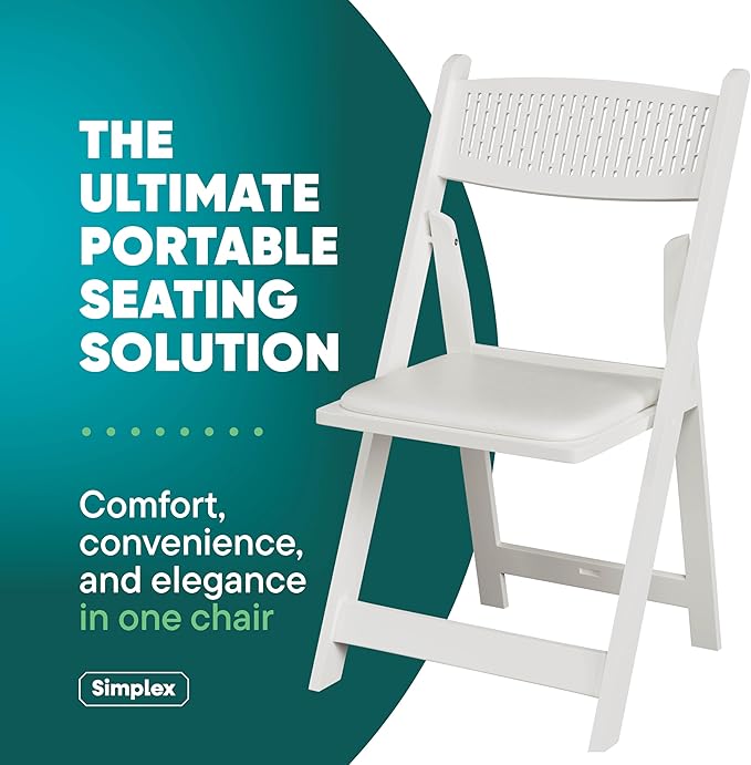SIMPLEX White Stackable Folding Chairs with Padded Seat & Mesh Back, Padded Indoor/Outdoor Folding Chair, Lightweight Foldable Chairs, Weight Capacity 800LBs (48 Pack)