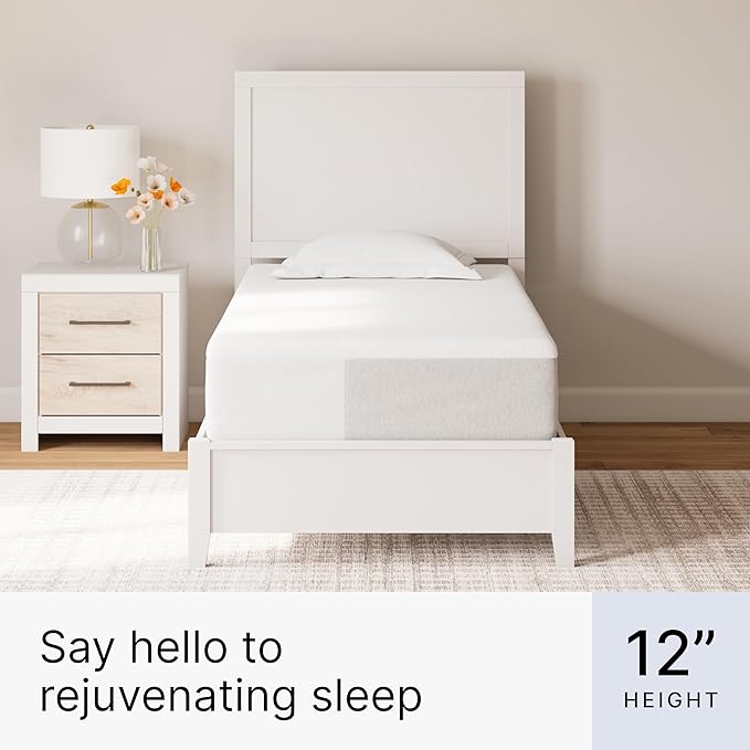 Signature Design by Ashley Twin Size Cool Max 12 Inch Medium Plush Cooling Gel Infused Memory Foam Mattress for Pressure Relief, Fiberglass Free, Mattress in A Box