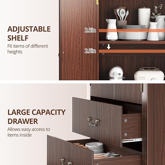 FURSUN 71" Tall Fluted Arched Bookshelf with Doors, Wood Pantry Storage Cabinet with 2 Large Drawers, Modern Versatile Bookcase for Living Room, Kitchen, Dining(Dark Walnut)