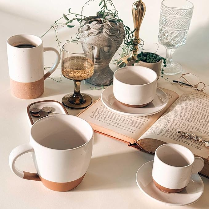 Mora Ceramics 8oz Cappuccino Mug Set of 4 - Ceramic Coffee Cups with Saucers - Microwave and Dishwasher Safe, Perfect For Tea, Espresso, Latte - Porcelain Mugs for Kitchen or Cafe - Vanilla White