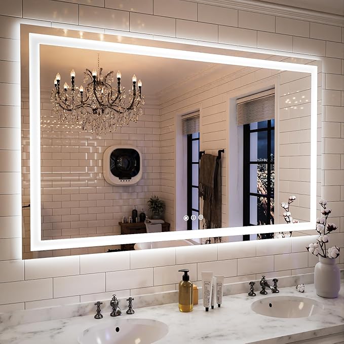 ISKM 55'' x 36'' LED Mirror for Bathroom Lighted Vanity Mirror for Wall Front Lights + Backlit LED Bathroom Mirror Anti-Fog Tempered Glass ETL Listed