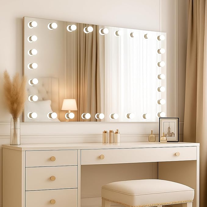 WTTY LED Bathroom Mirror with Lights 48"x32" Hollywood Wall-Mounted Mirror with 3 Color Temperatures, Stepless Dimmable Bulbs, Anti-Fog & Shatter-Proof
