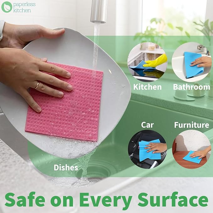 Reusable Swedish Dishcloths for Kitchen – Eco Friendly Paper Towel Alternative – Absorbent, Washable, Compostable Cleaning Cloths – 4 Pack by Paperless Kitchen