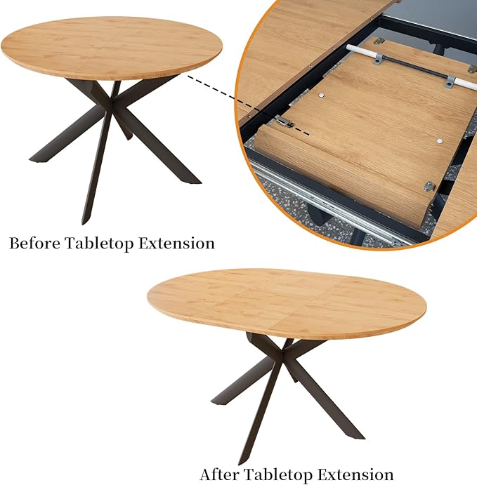 43.2"-59.1" Extendable Round Dining Table Set, Round Table for 4-6 Person with Scratch-Resistant Thickened MDF Board, Oak Coffee Table w/Metal Legs