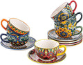 Henten Home 8.5 oz Cup with Saucers Set, Ceramic Coffee Mug Set of 6, Colorful Porcelain Cup for Latte, Tea, Cappuccino, Hot Cocoa, Espresso, Microwave & Dishwasher Safe