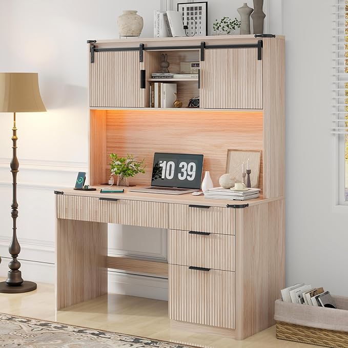 Vabches 67" H Executive Desk with Fluted Drawers,4 Drawers Fluted Computer Desk with LED Light,Charging Hub,Wood Workstation with Hutch and Sliding Barn Doors for Work and Study