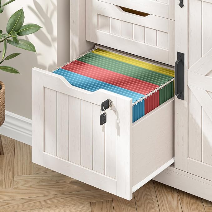 Vabches Lateral File Cabinets with Adjustable Shelf, Farmhouse Filing Cabinet with Lock for Home Office, Filing Organization Storage Cabinets with Sliding Barn Door for Hanging Files Letter/A4.(White)