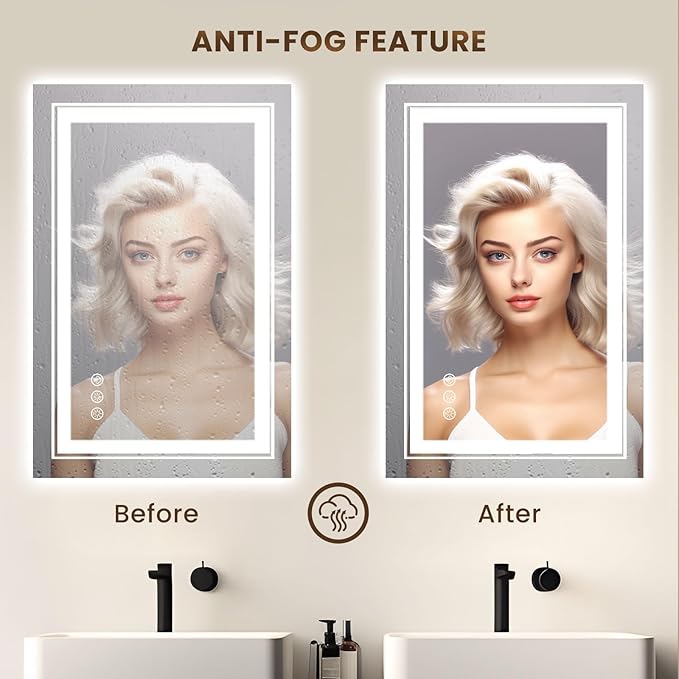 WTTY RGB LED Bathroom Mirror 28"x36" with Backlit and 3 Front Light,Stepless Dimmable LED Mirror for Bathroom,Lighted Bathroom Vanity Mirror for Wall,Anti-Fog,Memory Function,Shatter-Proof